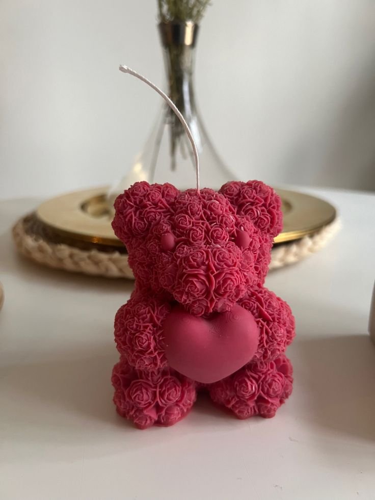 Rose Teddy Candle with Heart